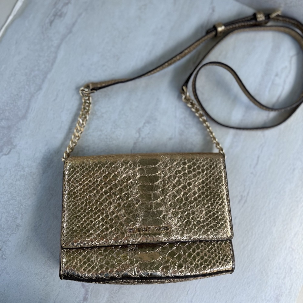 Michael Kors Gold Croc Embossed Chain Crossbody Bag 7"W X 5.5"H #7629